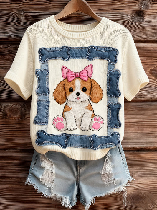 Női vintage art állat nyomtatás hangulatos kötött rövid ujjú pulóver