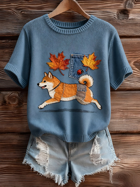 Női vintage art állat nyomtatás hangulatos kötött rövid ujjú pulóver