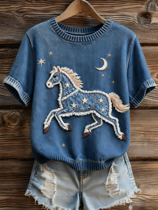 Női művészi állat nyomtatás kényelmes kötött rövid ujjú felső