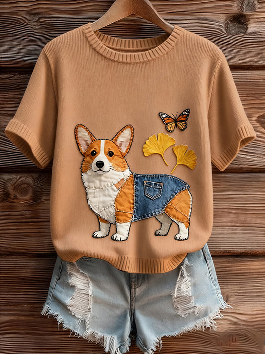 Női művészi állat nyomtatás kényelmes kötött rövid ujjú felső