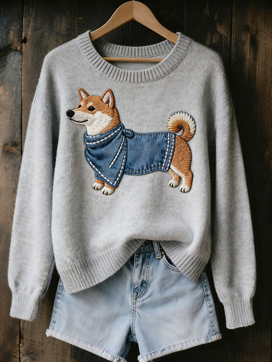 Női vintage art állat nyomtatás hangulatos kötött pulóver