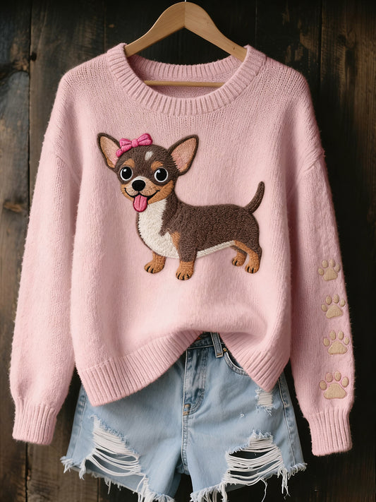 Női vintage art állat nyomtatás hangulatos kötött pulóver