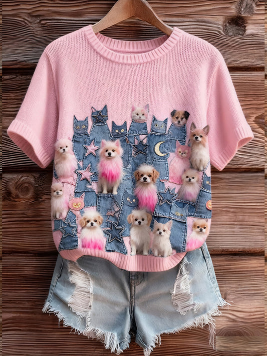 Női művészi állat nyomtatás kényelmes kötött rövid ujjú felső