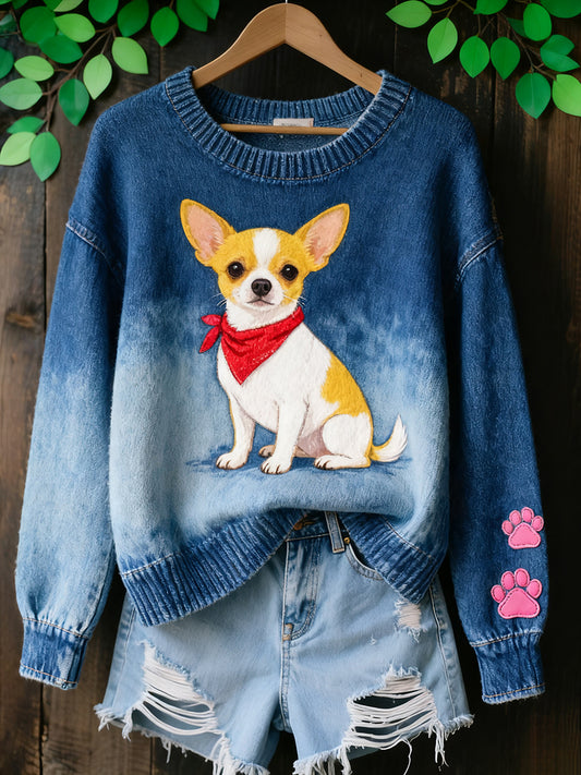 Női vintage art állat nyomtatás hangulatos kötött pulóver