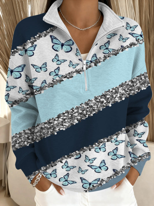 Női csillogó kék pillangó csíkos állvány-nyakörv pulóver