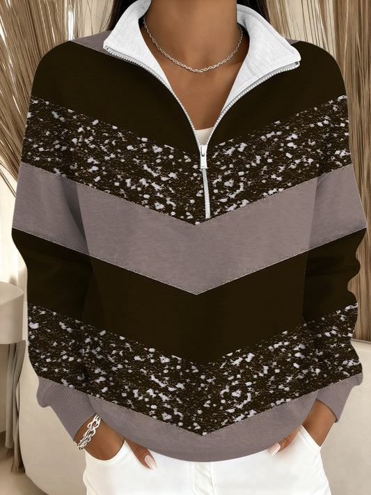 Női divatos barna-szürke chevron minta állvány-nyakörv pulóver