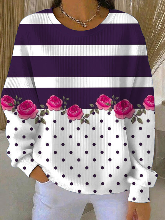 Női aranyos lila csík & rose polka dot pulóver