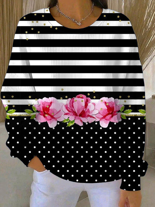 Női elegáns fekete-fehér csík & rózsaszín virágos pulóver