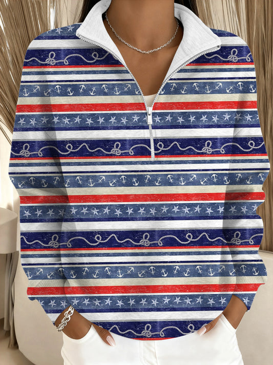 Női tengeri stílusú csíkos állványnyakörv pulóver