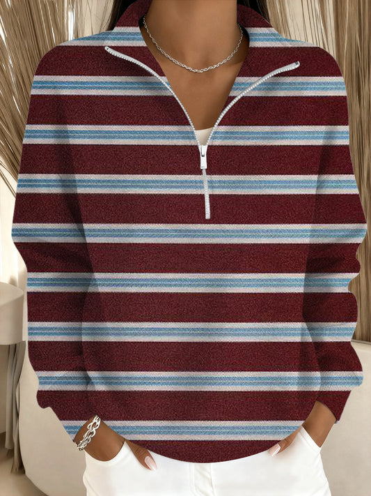 Női stílusos bordó csíkos állvány-nyakörv pulóver