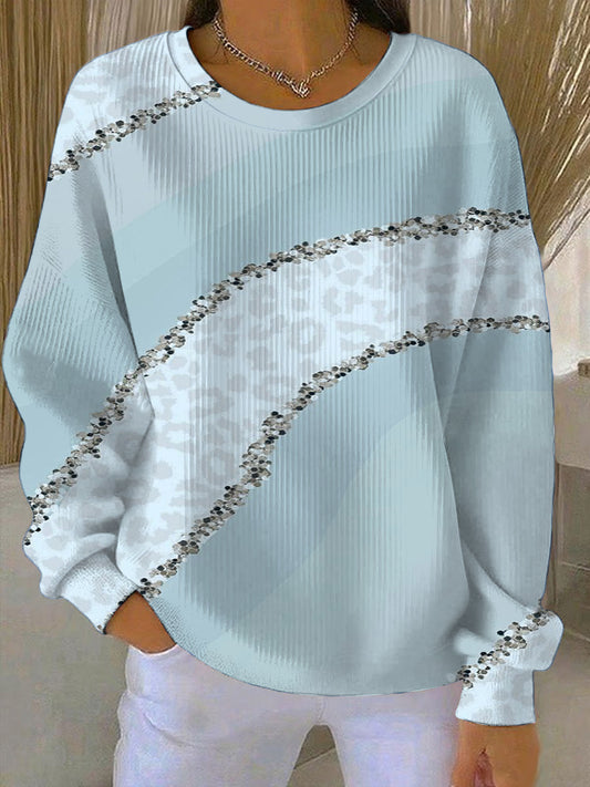 Női stílusos világoskék flitty csíkos pulóver