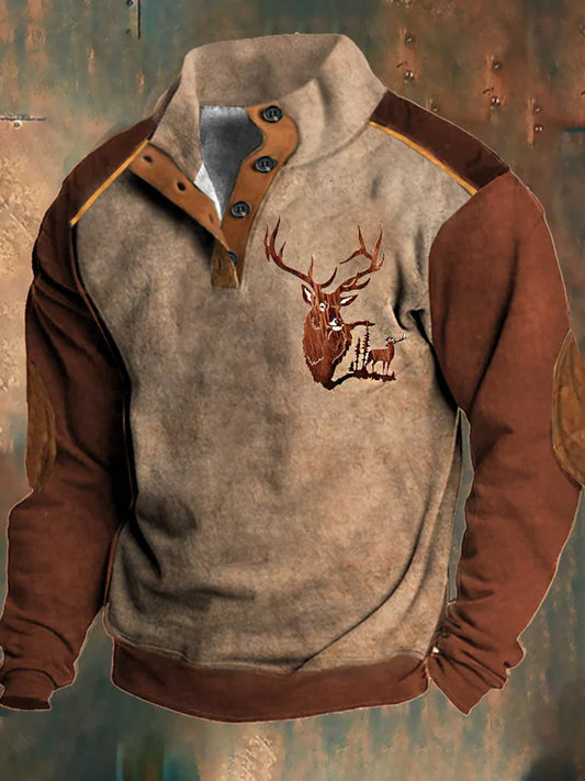 Férfi klasszikus nyugati szarvas nyomtatás állvány gallér cipzár flush kültéri pulóver