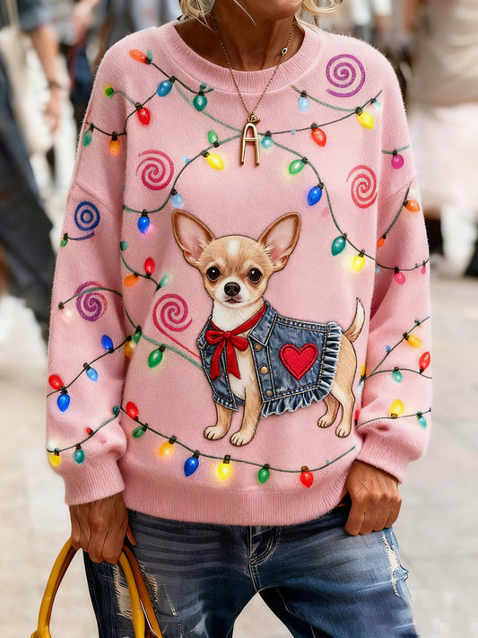 Női vintage karácsonyi művészet nyomtatás hangulatos kötött pulóver