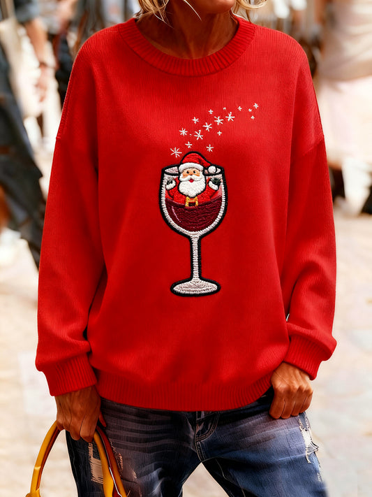 Női vintage karácsonyi művészet nyomtatás hangulatos kötött pulóver