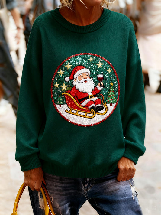 Női vintage karácsonyi művészet nyomtatás hangulatos kötött pulóver
