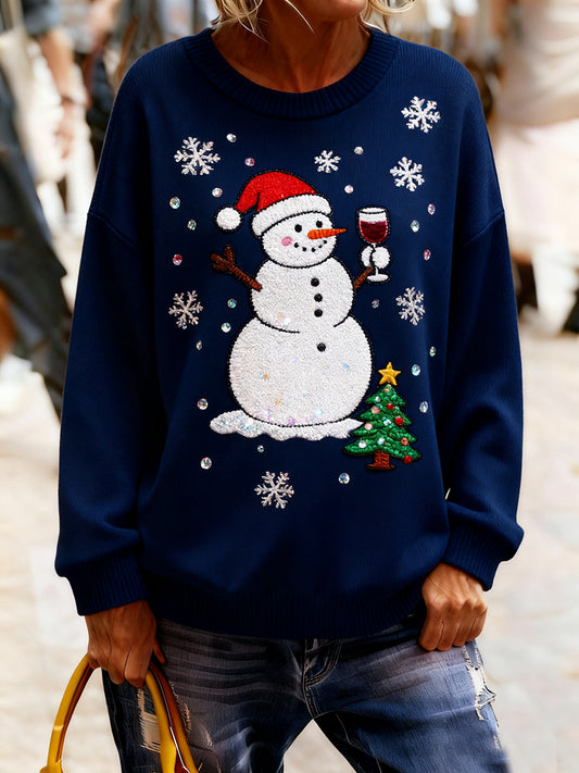 Női vintage karácsonyi művészet nyomtatás hangulatos kötött pulóver