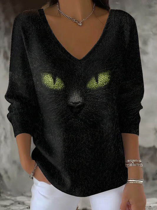 Női vintage fekete macska kényelem alkalmi felső