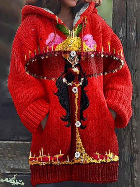 Női vintage nap a halott kényelem kötött csuklyás kabát