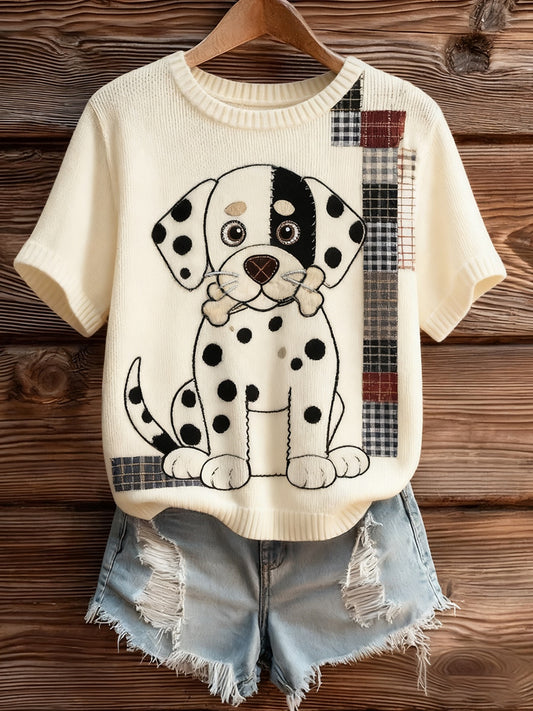 Női művészi állat nyomtatás kényelmes kötött rövid ujjú felső