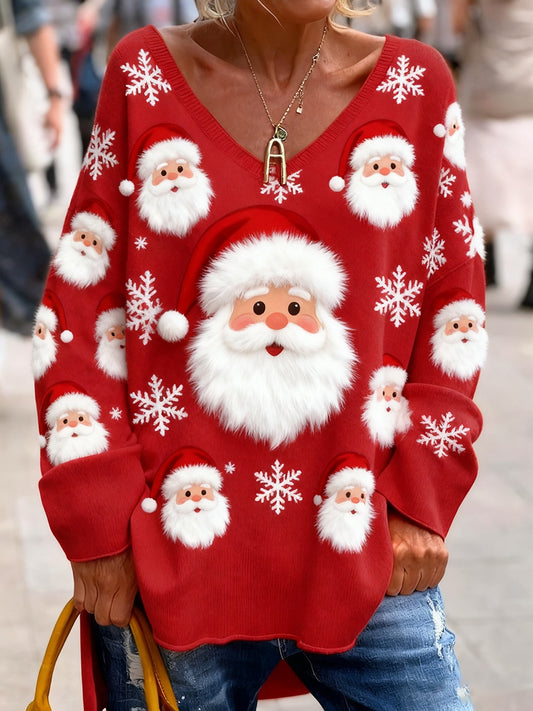 Női vintage karácsonyi művészet nyomtatás hangulatos kötött top