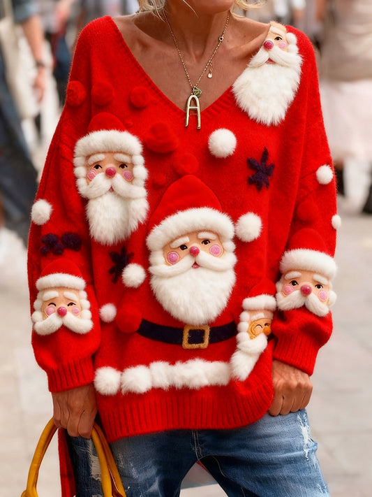 Női vintage karácsonyi művészet nyomtatás hangulatos kötött top