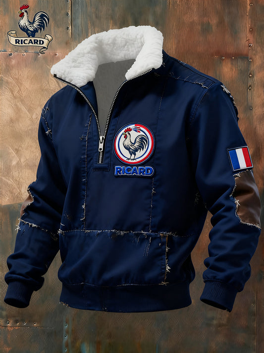 Férfi vintage francia zászló ricard alkalmi zip-up fur collar pulóver