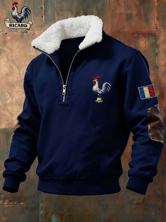 Férfi vintage francia zászló ricard alkalmi zip-up fur collar pulóver
