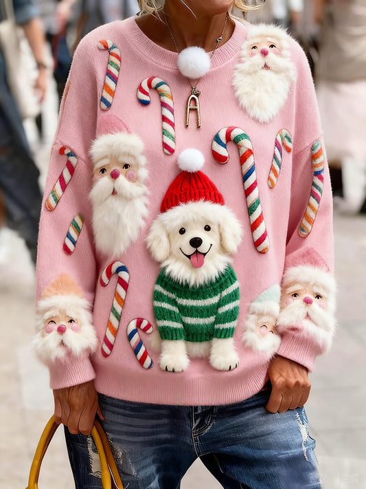 Női vintage karácsonyi művészet nyomtatás hangulatos kötött pulóver