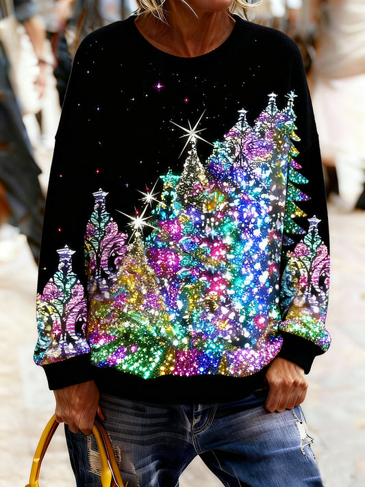 Női vintage karácsonyi művészet nyomtatás hangulatos kötött pulóver