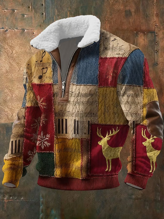 Férfi retro karácsonyi művészet nyomtatás alkalmi cipzár bunda nyakörv pulóver