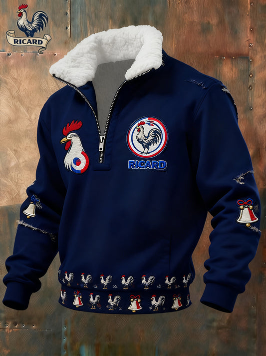 Férfi vintage francia zászló ricard alkalmi zip-up fur collar pulóver