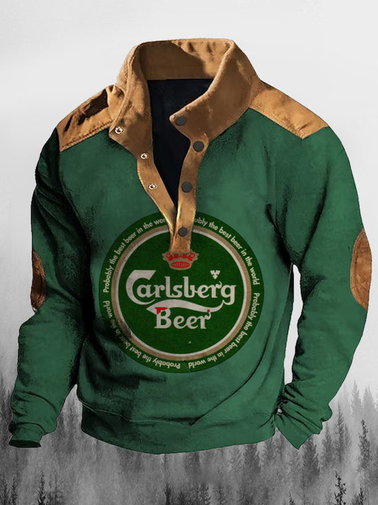 Carlsberg sör szeszes italok kultúra nyomtatott lapel állvány nyakörv váltó gomb alkalmi laza pulóver