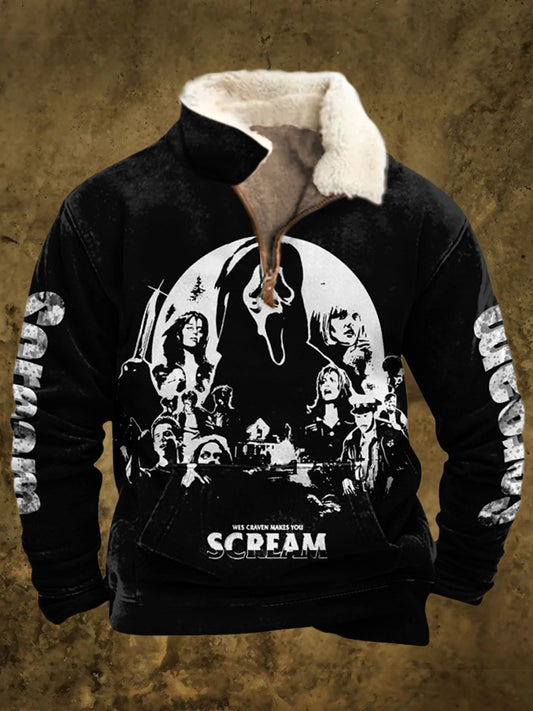 Vintage punk sikoly nyomtatott lapel molyhos gallér cipzár alkalmi megvastagodott pulóver