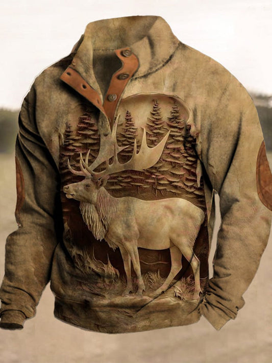 Férfi nyugati vintage elk relief háromdimenziós nyomtatott állvány nyakörv cipzár flush kültéri pulóver