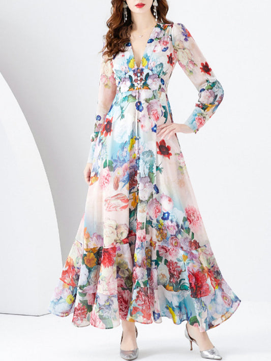 Elegáns virág nyomtatott v-nyak elegáns chiffon hosszú ujjú teljes hemline maxi ruha