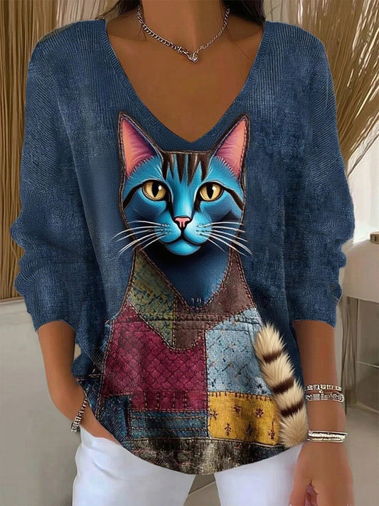 Női retro állat nyomtatás alkalmi hosszú ujjú top