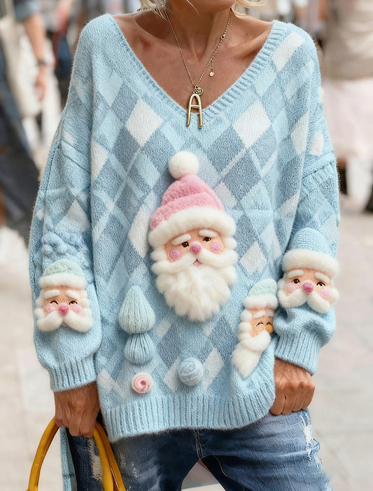 Női vintage karácsonyi művészet nyomtatás hangulatos kötött top