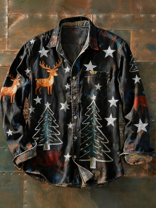 Férfi retro absztrakt művészet nyomtatás alkalmi hosszú ujjú ing