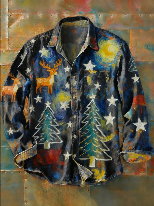 Férfi retro absztrakt művészet nyomtatás alkalmi hosszú ujjú ing