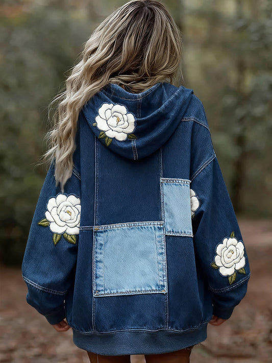 Női vintage virágos patchwork art nyomtatás kényelmes alkalmi hoodie