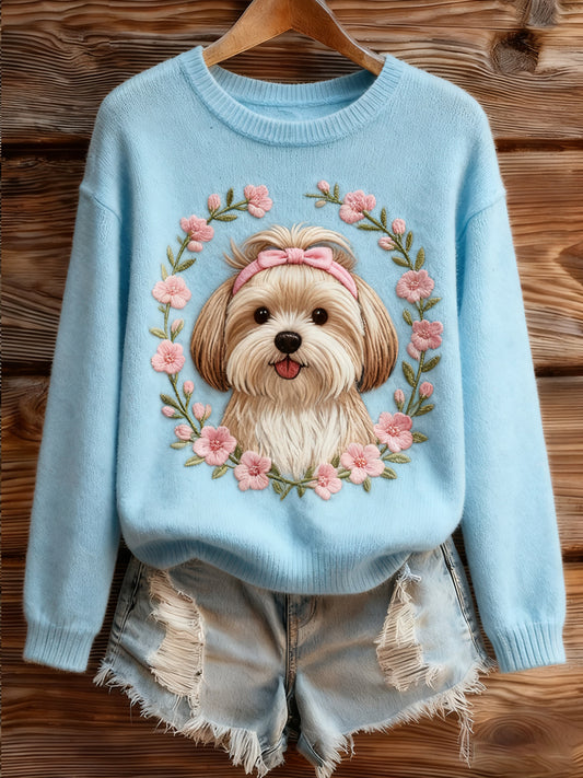 Női vintage art állat nyomtatás hangulatos kötött pulóver