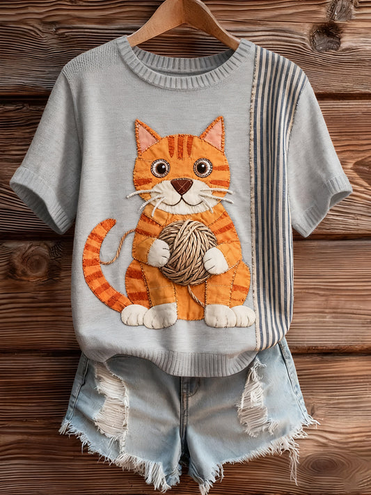 Női művészi állat nyomtatás kényelmes kötött rövid ujjú felső