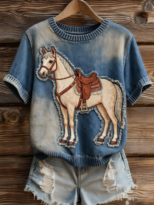 Női művészi állat nyomtatás kényelmes kötött rövid ujjú felső