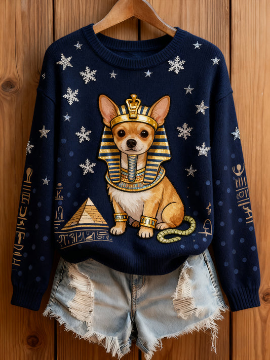 Női vintage art állat nyomtatás hangulatos kötött pulóver