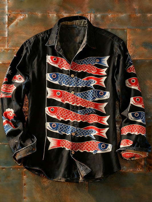 Férfi retro absztrakt művészet nyomtatás alkalmi hosszú ujjú ing