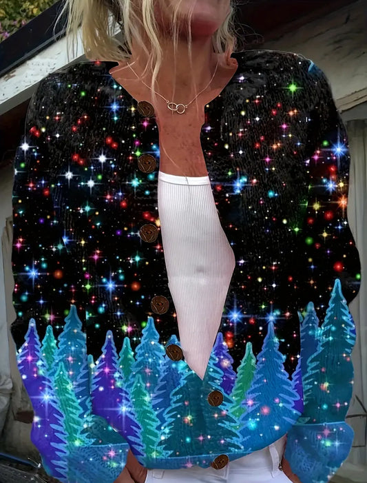 Női vintage karácsonyi művészet nyomtatás hangulatos pulóver kardigán