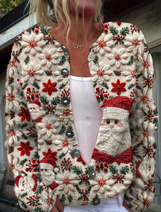 Női vintage karácsonyi művészet nyomtatás hangulatos pulóver kardigán