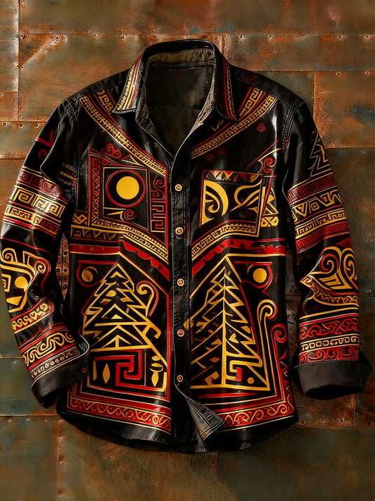 Férfi retro absztrakt művészet nyomtatás alkalmi hosszú ujjú ing