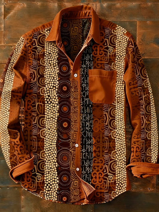 Férfi retro absztrakt művészet nyomtatás alkalmi hosszú ujjú ing