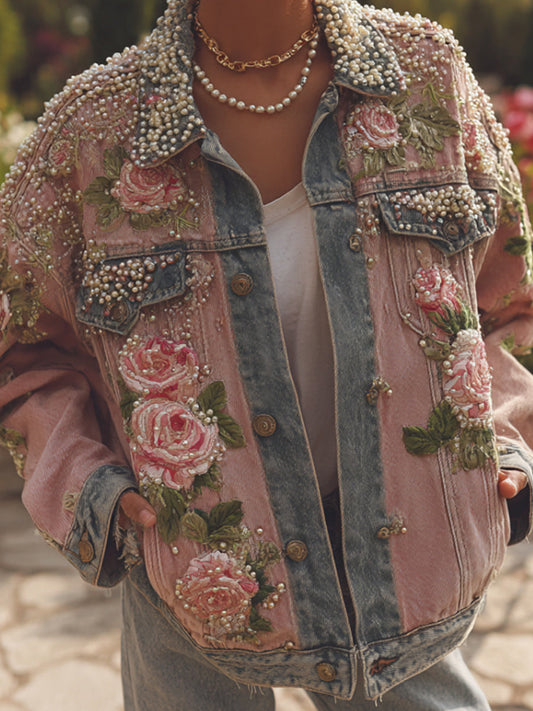 Női vintage virág művészet farmer kabát